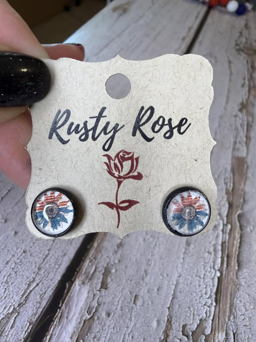 Patriotic Sunflower Stud Earrings in Black Setting