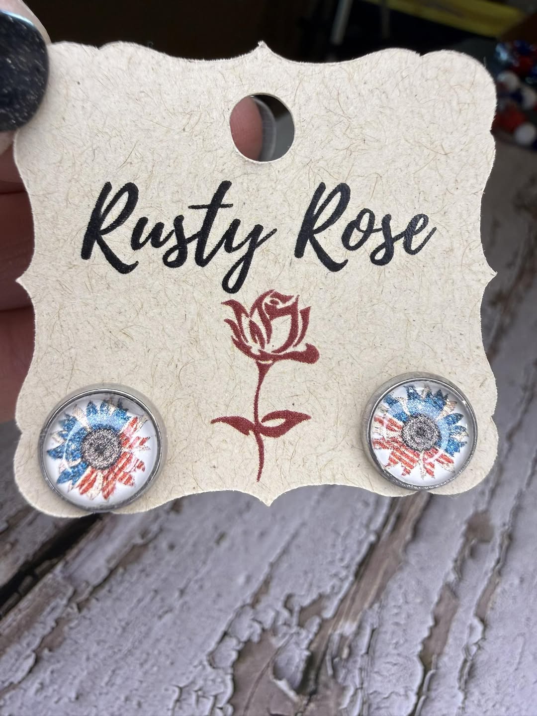 Patriotic Sunflower Stud Earrings in Silver Setting