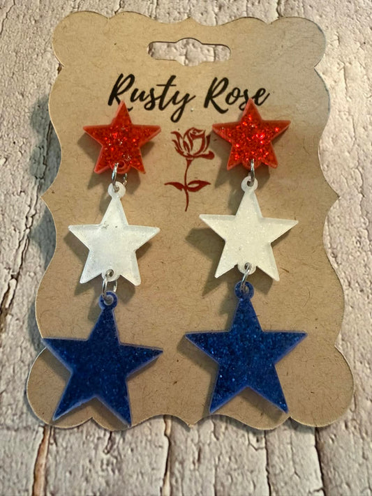 Patriotic Triple Star Dangle Earrings