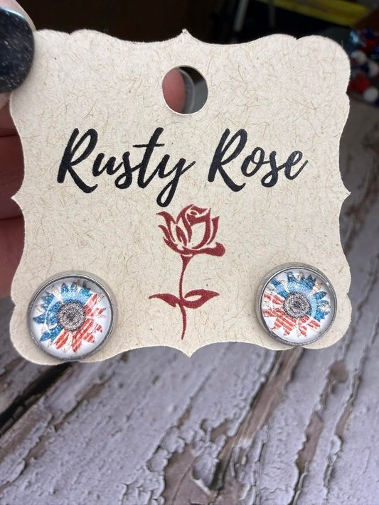 Patriotic Sunflower Stud Earrings in Silver Setting